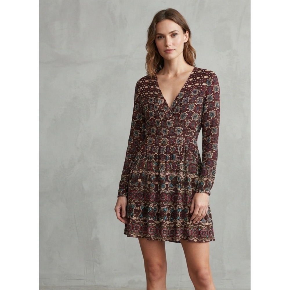 Patrons of Peace Boho Floral Medallion V-Neck Faux Wrap Mini Dress Large